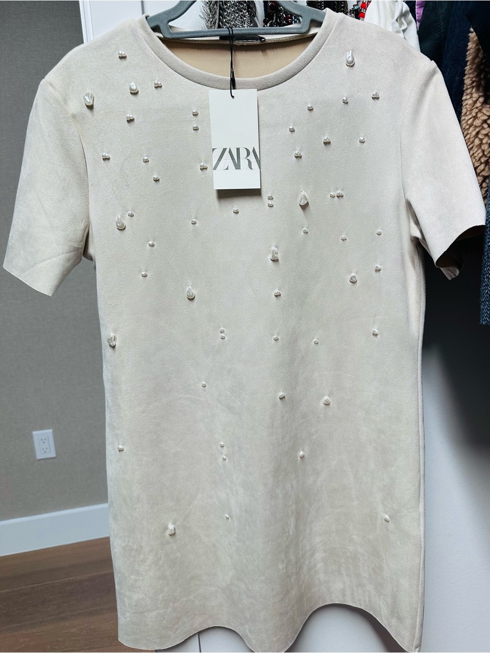 ZARA Cream Pearl-Embellished Short Sleeve Top